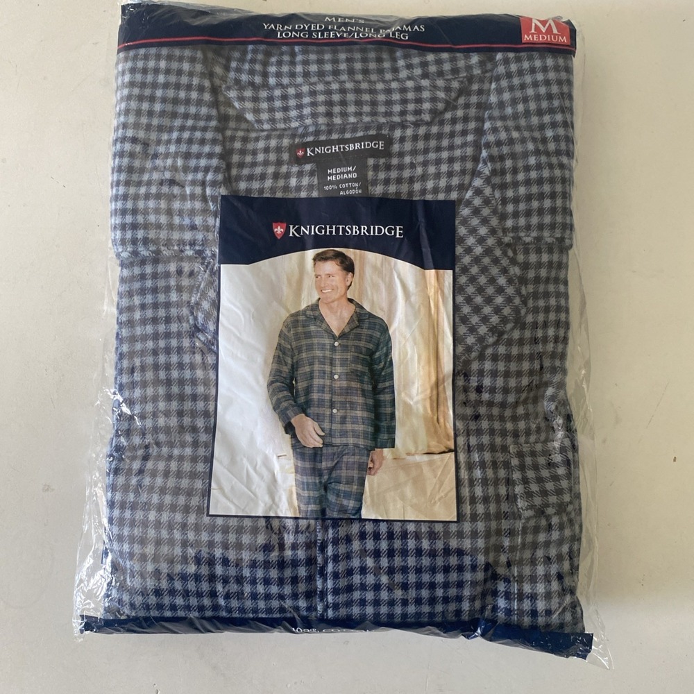 Knightsbridge Yarn Dyed Flannel Pajama Set 100% Cotton Plaid BlueSz M Vintage